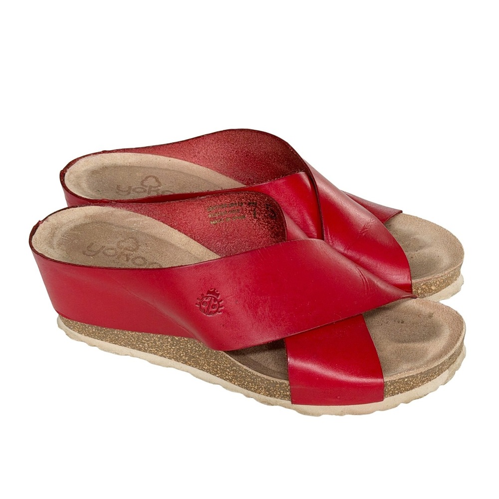 Yokono Red Leather Wedge Platform Sandals Slip On Cork Women's 7.5 Spain